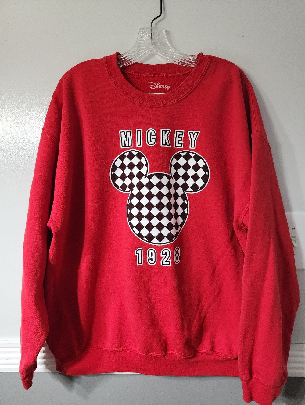 Disney Red Crewneck Sweatshirt with Black & White Check Mickey